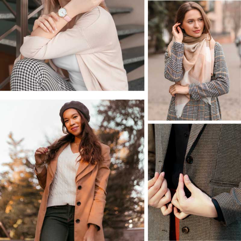 Wearing two or more contrasting neutral colours can work well. Note that these images show the inclusion of different textures and patterned fabrics that add further interest.