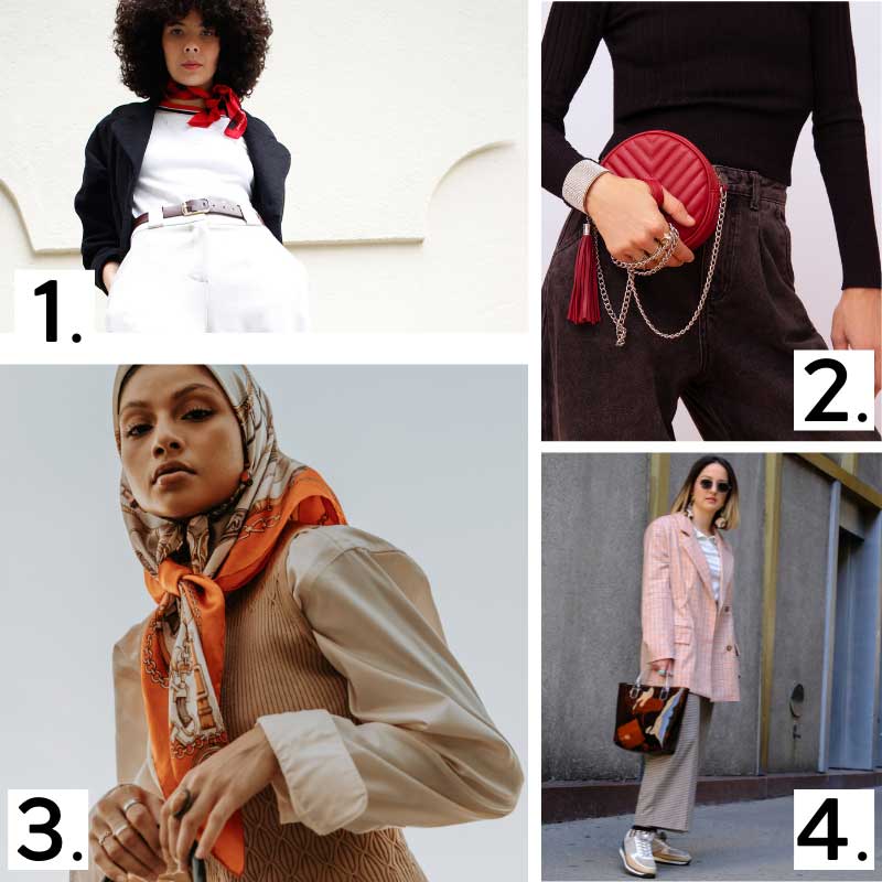 Add a pop of colour to your neutral outfit (1-3), or add an accessory in a contrasting value. The darker patterned handbag (4) creates an eye-catching contrast against the lighter neutral outfit. Play and experiment with the garments and accessories that you already have in your wardrobe to discover new outfits you will love.