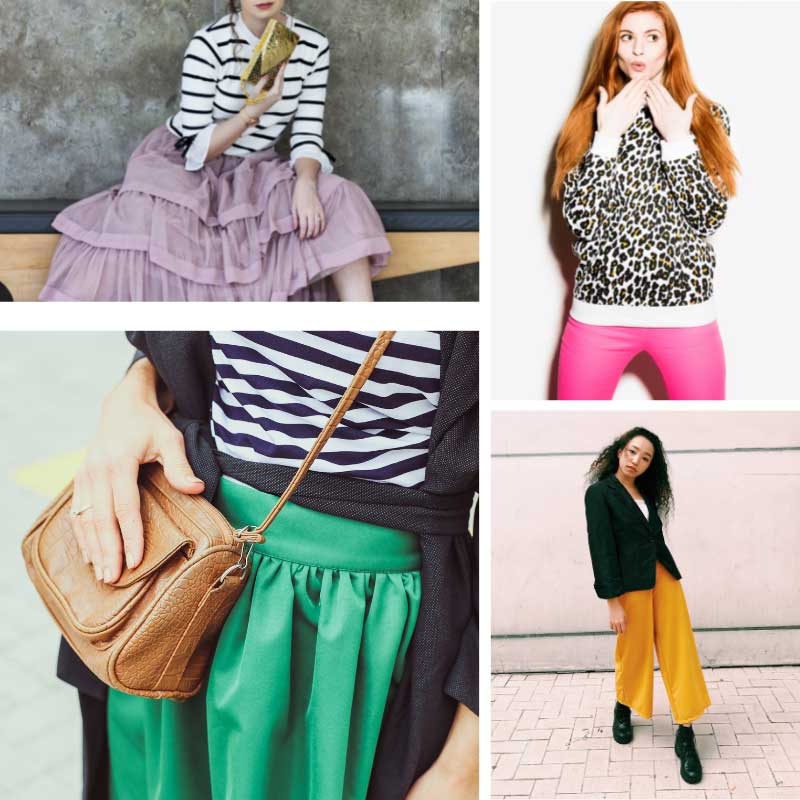 A neutral coloured handbag like the tan one above, or a black jacket can tone down a brighter coloured garment. Alternatively, add a neutral printed top in stripes or leopard for a fun and creative look.